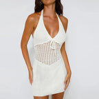 Hollow Knit V Neck Halter Mini Summer Dress