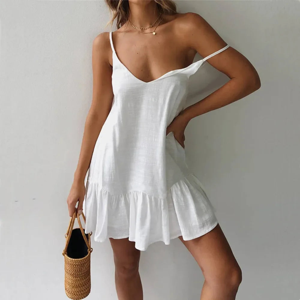 Spaghetti Strap Ruffle Cotton Linen Off Shoulder Slip Dress Main image