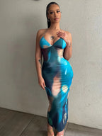 Tie Dye Backless Cross Midi Dress