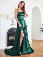 Blue Satin Spaghetti A-Line Prom Dress