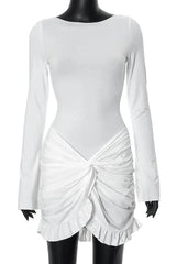 Pleated Bodycon Mini Dress with O Neck and Long Sleeves