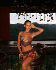 Retro Prints Backless Cover-Up Skirt Three Piece Swim Sets