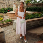 Solid Pleated Square Neck Midi Dress