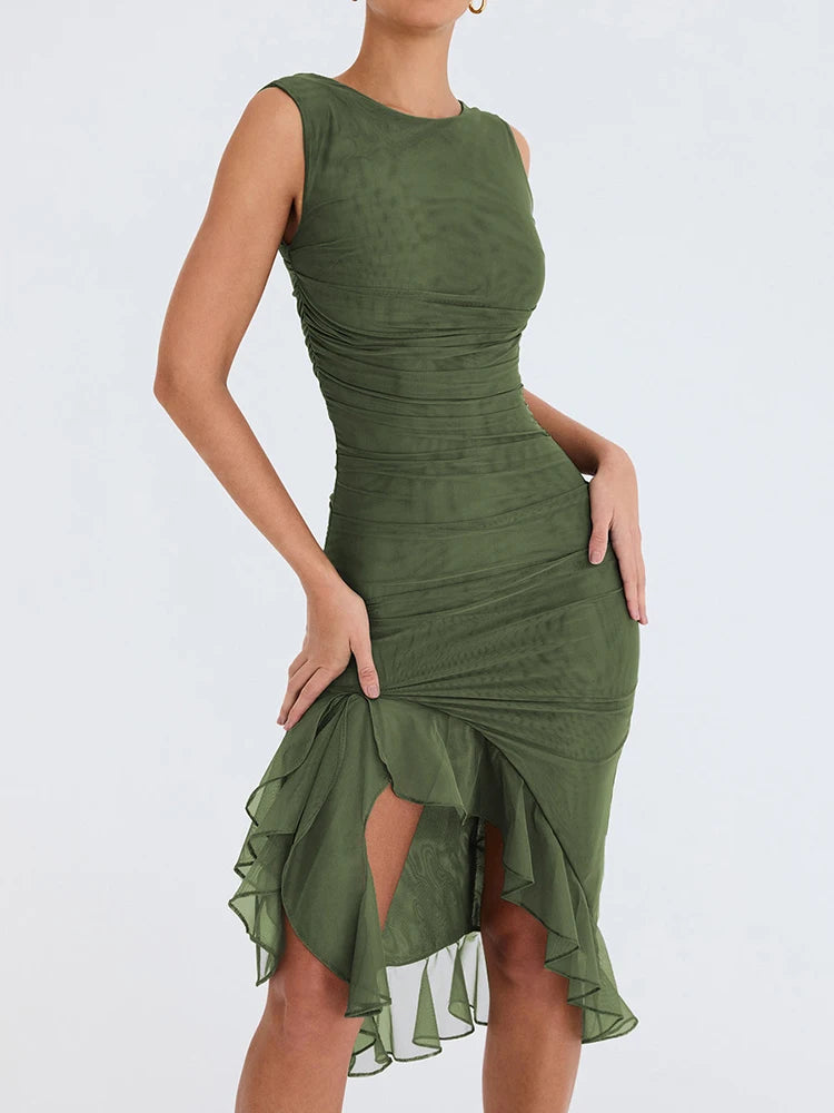 Elegant Ruffle Ruched Backless Midi Dress Secondary image