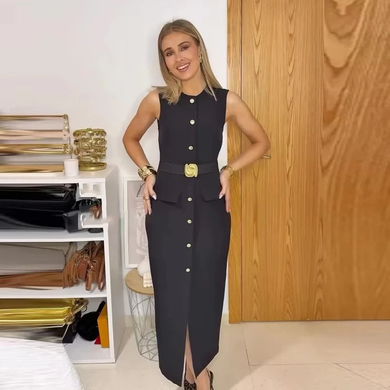 Black Sleeveless Midi Belt Button Office Work Dress Main image
