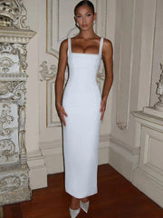 Slit Pearl Strap Patchwork Midi Dress