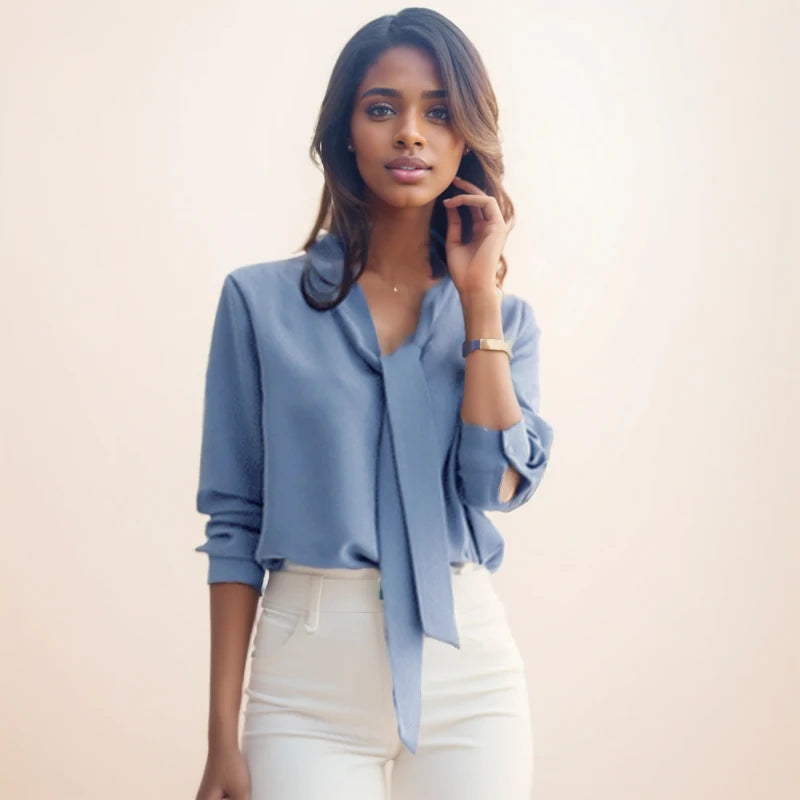 Casual Long Sleeve Bow Tie Fashion V-neck Chiffon Blouse Main image