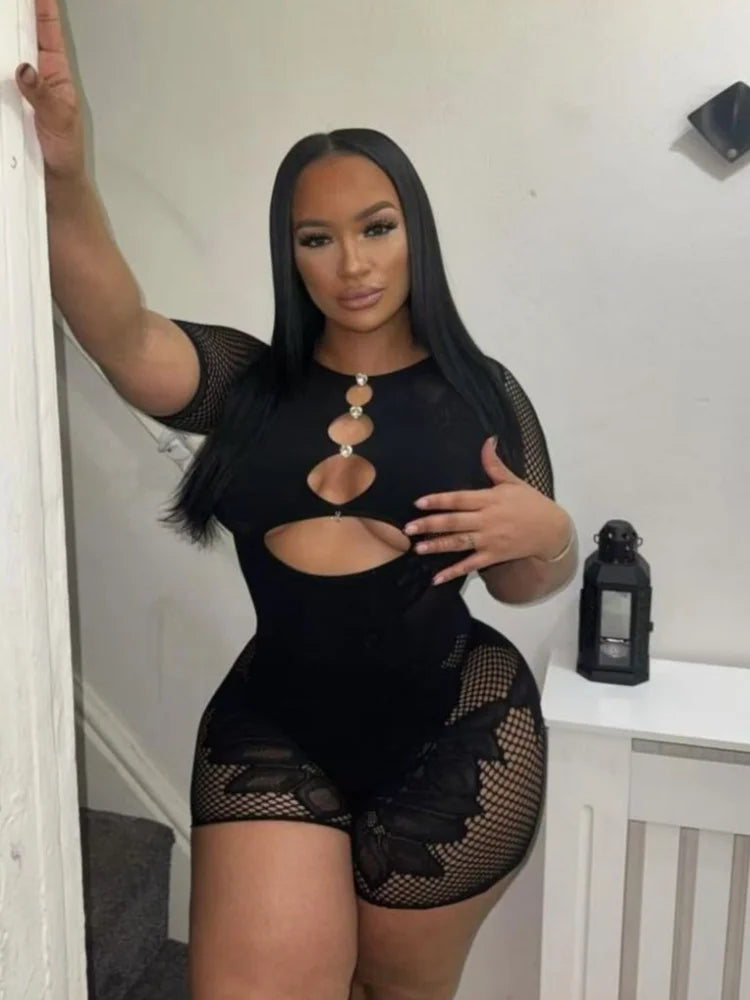 Print Hollow O-neck Short Sleeve Romper Main image