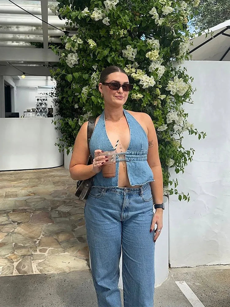 Denim Deep V-neck Backless Halter Lace-up Cami Top Secondary image