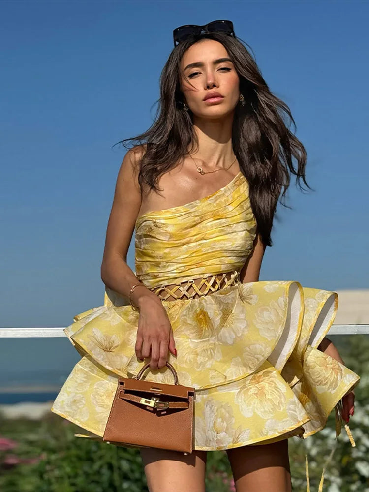 Single Shoulder Pleated Floral Dress Main image