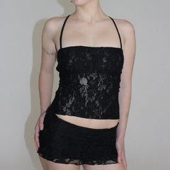 Lace Fairy Tie-Up Sleeveless Low Rise Mini Two Piece Skirt Set