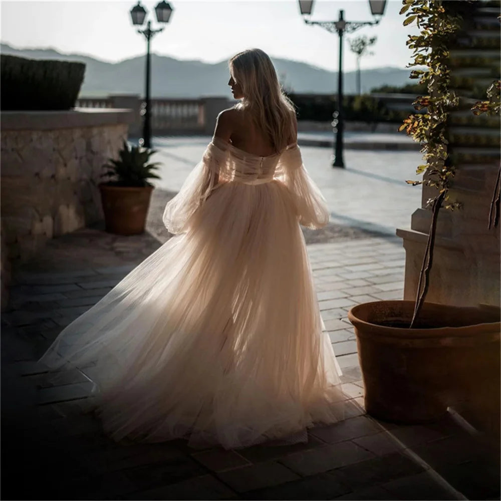 Off Shoulder Beige Tulle Prom Dress Secondary image