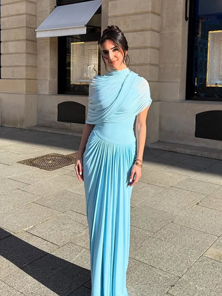 Pleated Stand Neck Blue Maxi Dress Secondary image