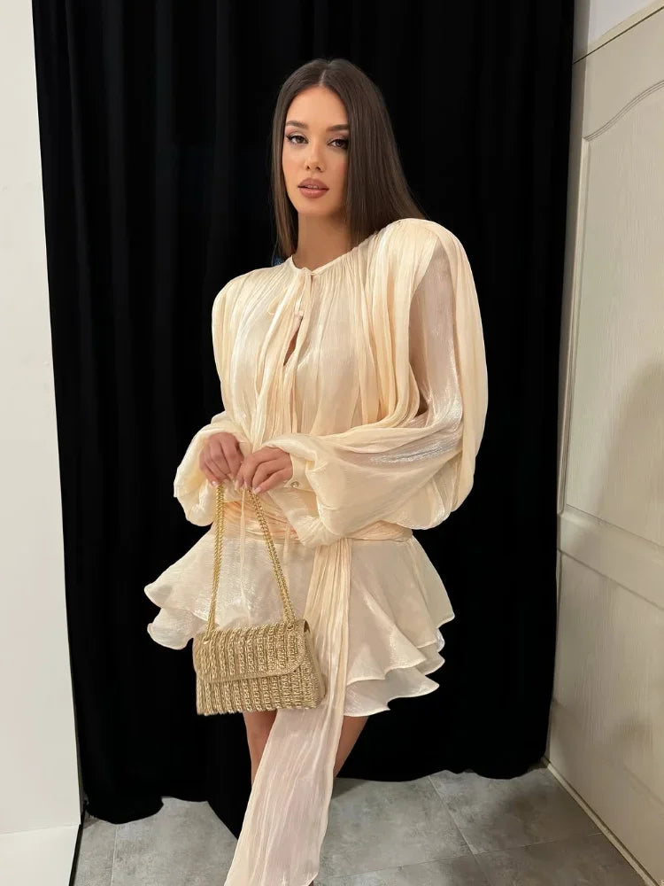 Shiny Pleated Full Sleeve Round Neck Lace Up Work Dress Secondary image