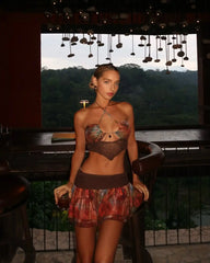 Retro Prints Backless Cover-Up Skirt Three Piece Swim Sets