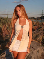 Tie-Back Patchwork Mesh Tank Sheer Top
