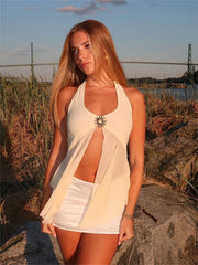 Tie-Back Patchwork Mesh Tank Sheer Top