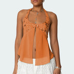 Sequin Chiffon Mesh Halter Backless Sheer Top