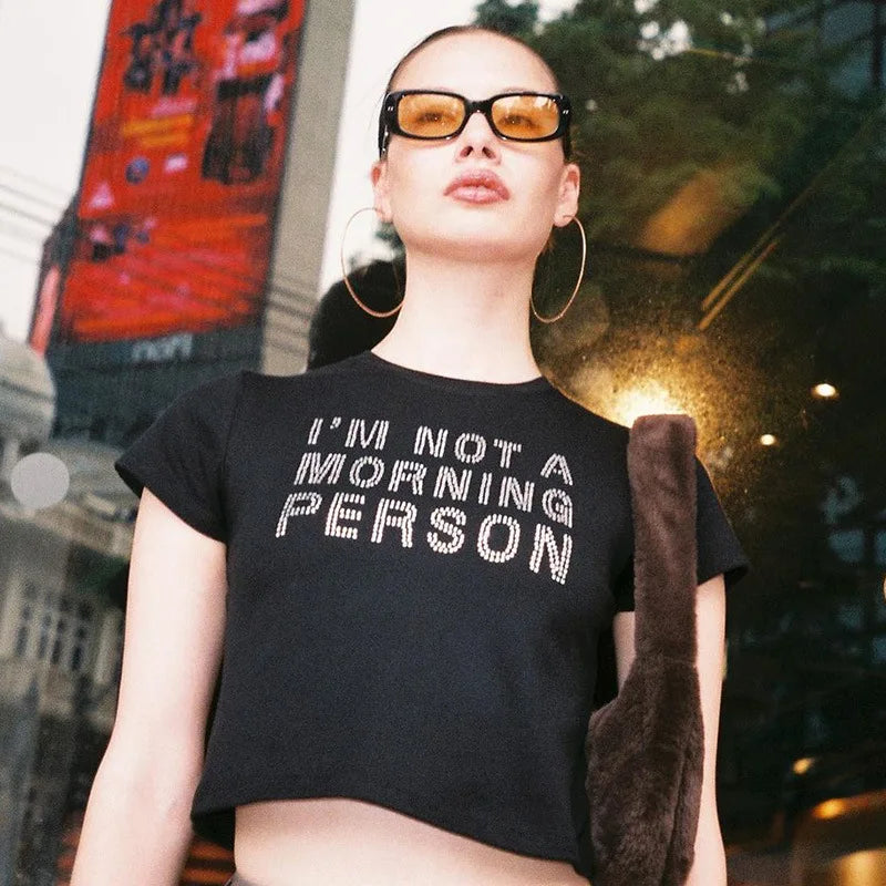 Rhinestone Letter Print Grunge Crop Top Main image