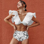 High Waist Bandage Leaf Print Two Piece Swim Sets