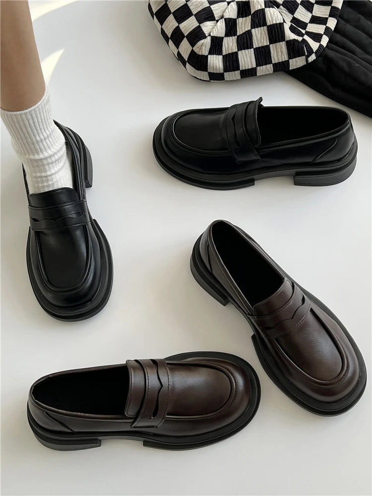 Shallow Mouth Round Toe Black Flats British Style Casual Oxfords Sneakers Loafers Main image