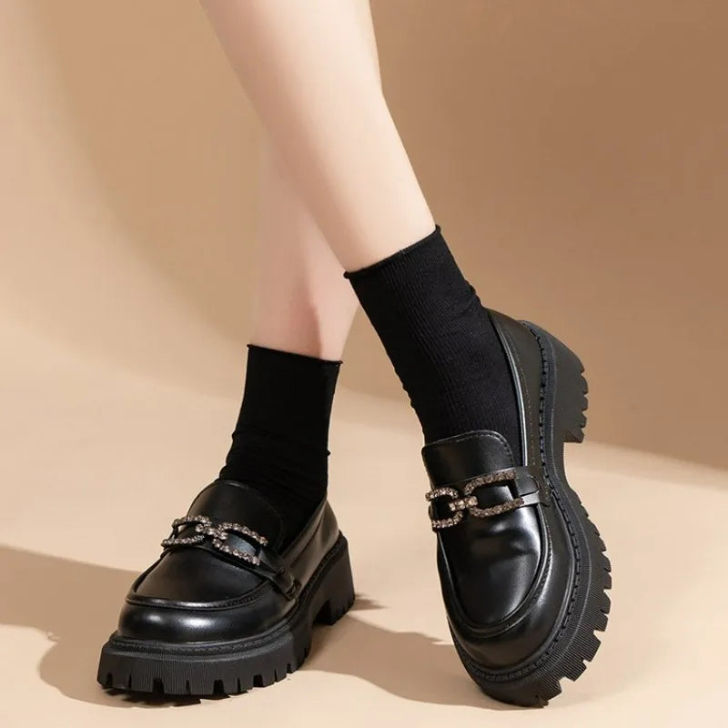 British Style Shallow Mouth Round Toe Fur Casual Black Sneakers Oxfords Loafers Secondary image
