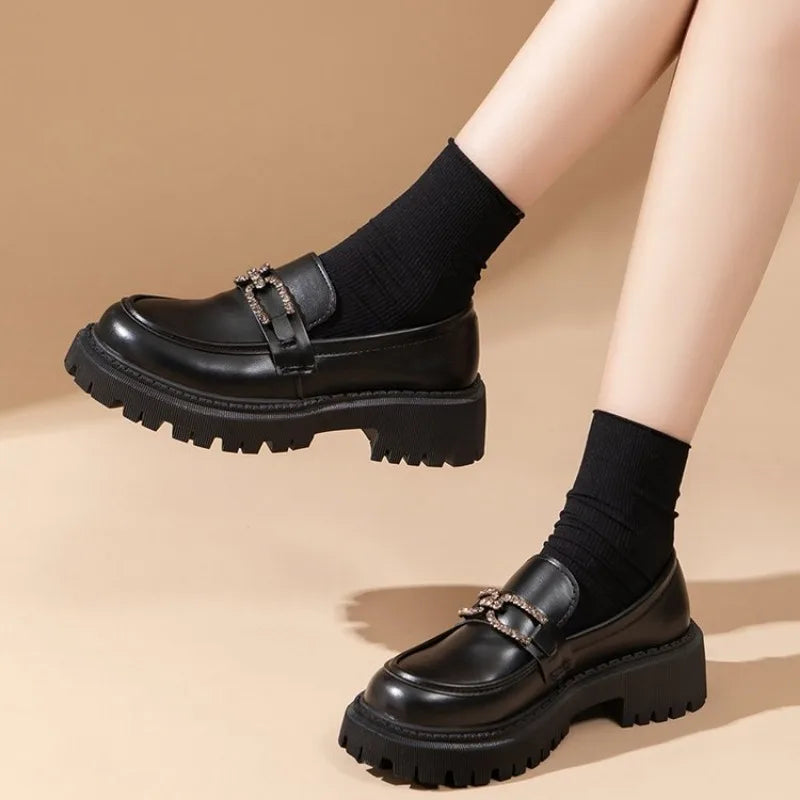 British Style Shallow Mouth Round Toe Fur Casual Black Sneakers Oxfords Loafers