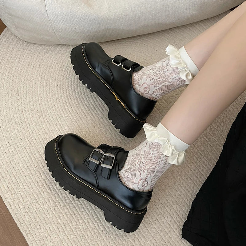 Fur Round Toe Casual Black Flats British Style Oxfords Platform Sneakers Loafers Main image