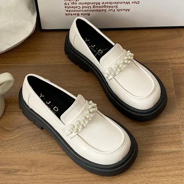 Fur Round Toe British Style Platform Shallow Mouth Leather Sneakers Loafers