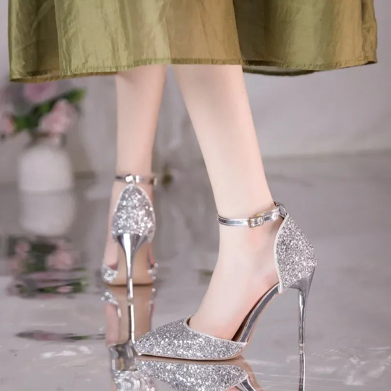 Pearl Ankle Strap Bling Fashion Wedding Pointed Toe Shallow High Heel Main image