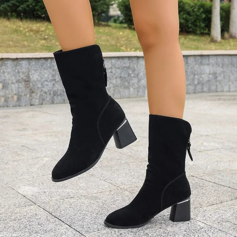 Casual Fashionable Pointed Toe Back Zipper Design Black Suede Modern Ankle Boot Main image