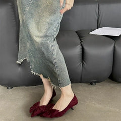 Autumn Elegant Butterfly Knot Stylish Pointed Toe  Stiletto Low Heel Pumps