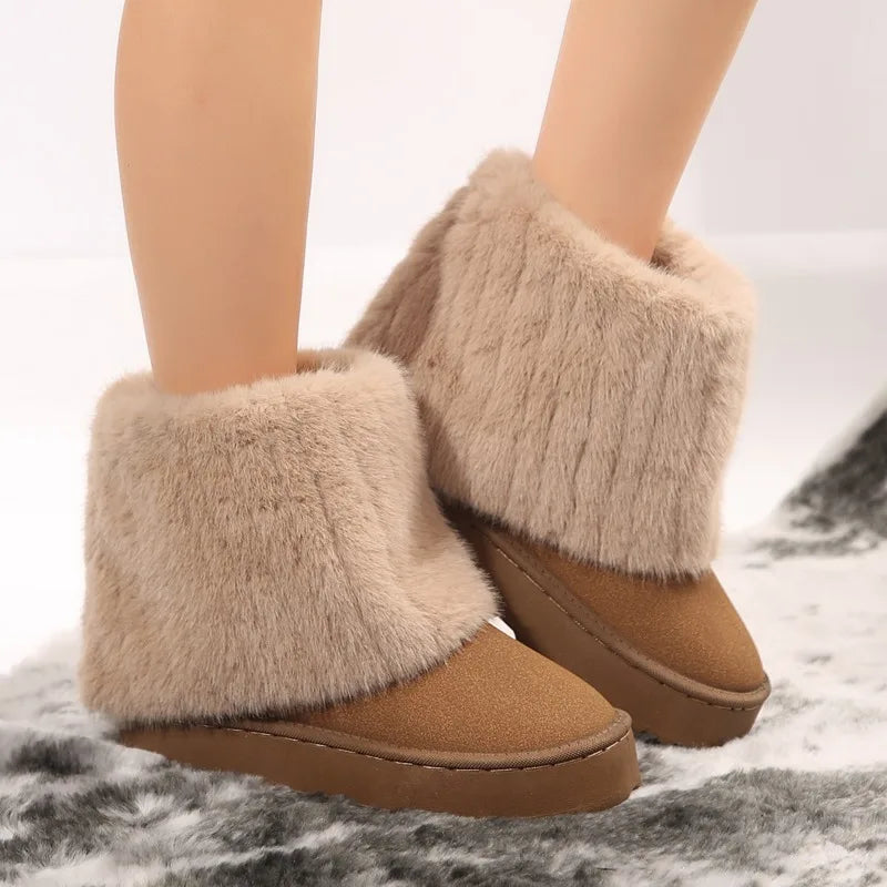 Shoes for Women New Slip on Women's Boots Winter Round Toe Solid Flock Plush Warm Mid Heel Water Proof Casual Snow Boots Main image