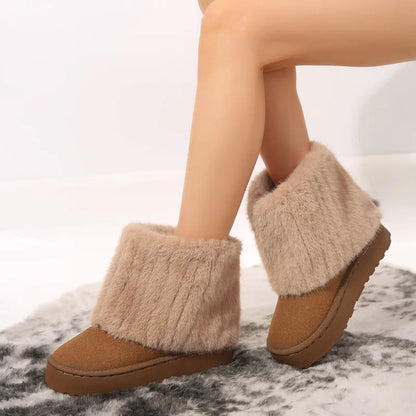 Slip-on Round Toe Solid Flock Plush Warm Mid Heel Casual Snow Boot