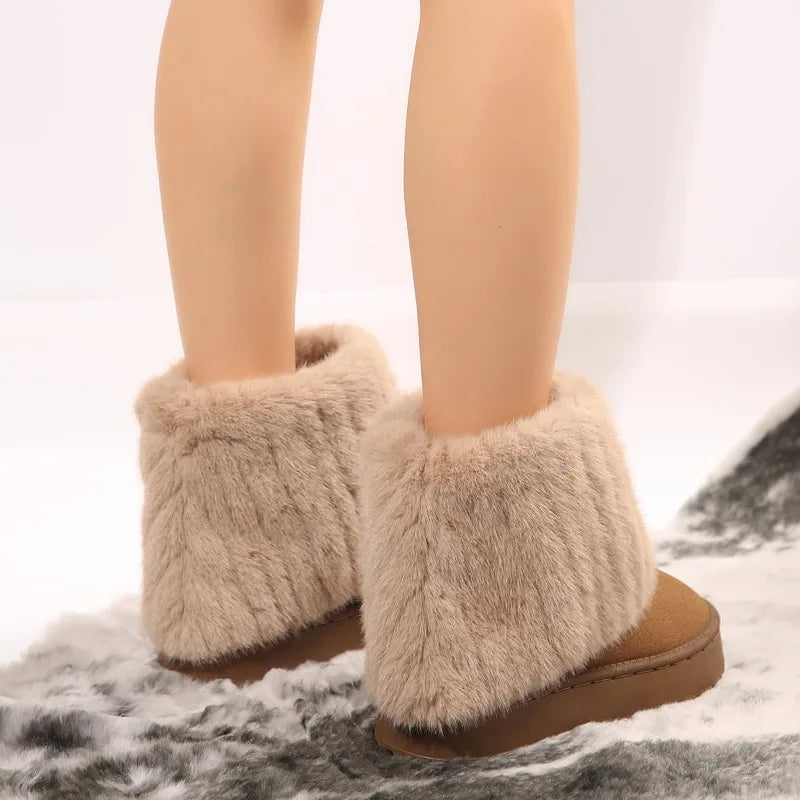 Shoes for Women New Slip on Women's Boots Winter Round Toe Solid Flock Plush Warm Mid Heel Water Proof Casual Snow Boots