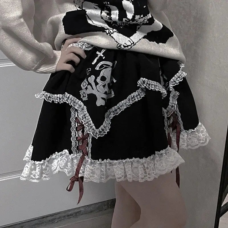 Short Girls Dress Cosplay Subculture Y2k Lace Skeleton Gothic Trend Black High Waist Layered Skirt