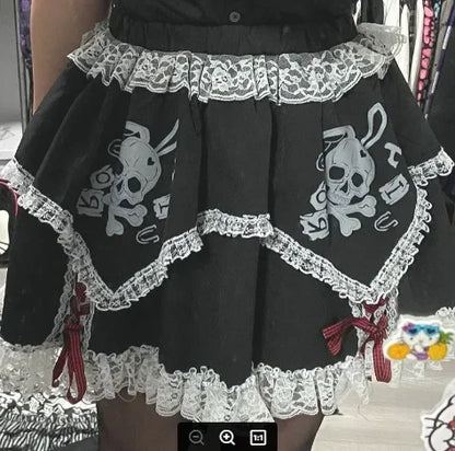 Short Girls Dress Cosplay Subculture Y2k Lace Skeleton Gothic Trend Black High Waist Layered Skirt