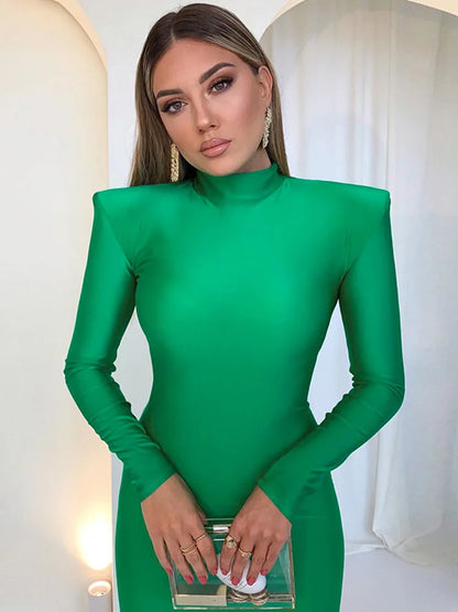 Shoulder Padded Long Sleeve Green Club Elegant Clothes Midi Dresses