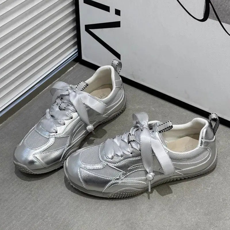 Silver Air Mesh Satin Shoelaces Jogging Sneakers New Fashion Women Casual Round Toe Platform Training Shoes Footwear Trainers Main image