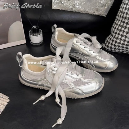 Silver Air Mesh Satin Shoelaces Jogging Sneakers New Fashion Women Casual Round Toe Platform Training Shoes Footwear Trainers