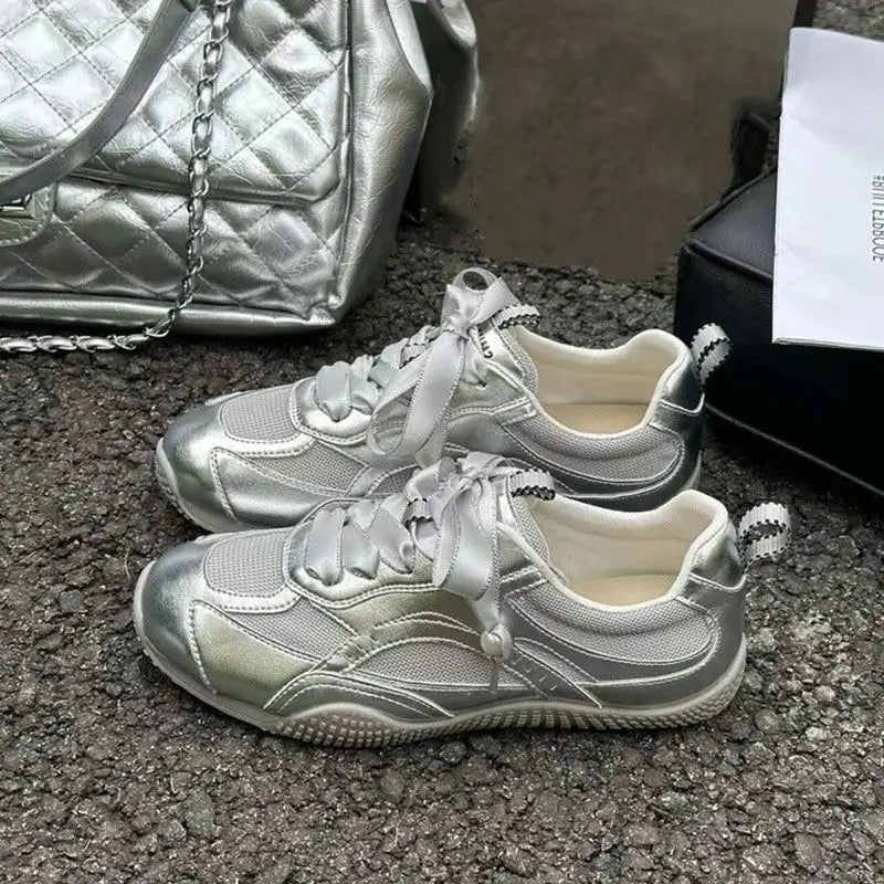 Silver Air Mesh Satin Shoelaces Jogging Sneakers New Fashion Women Casual Round Toe Platform Training Shoes Footwear Trainers Secondary image