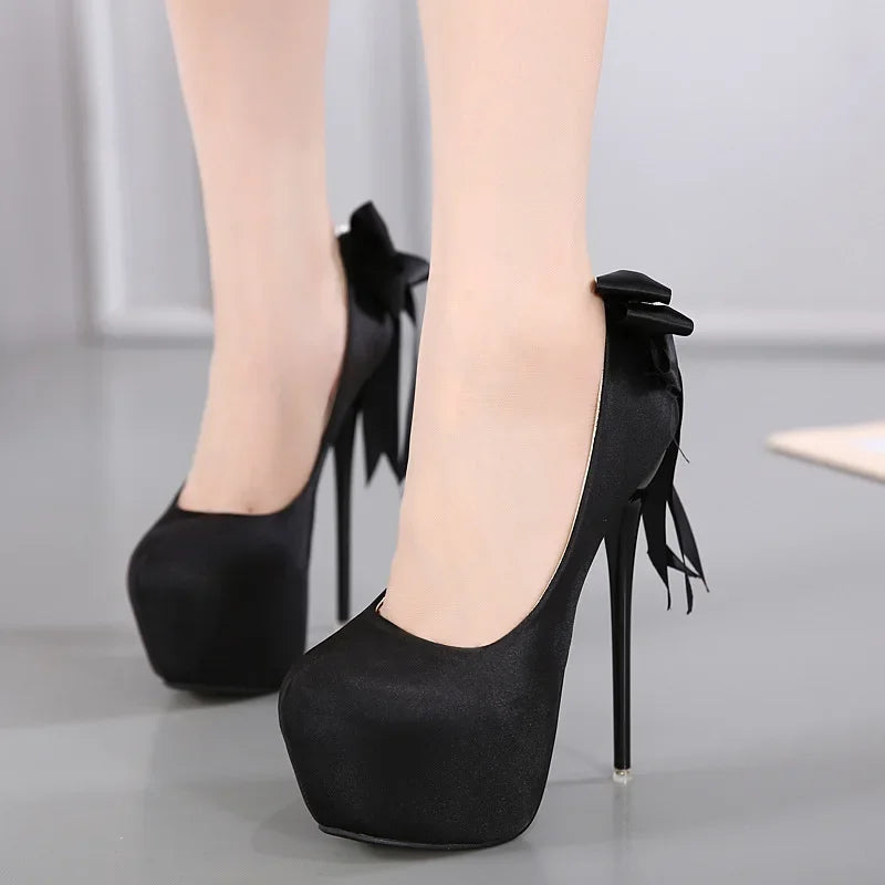 Black Pumps Silk Round Toe Platform Slip-On Shallow Thin Heeled High Heel Secondary image