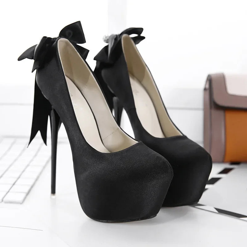 Black Pumps Silk Round Toe Platform Slip-On Shallow Thin Heeled High Heel