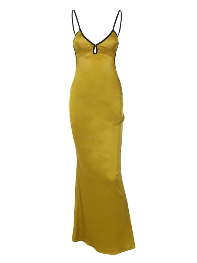 Sleeveless Backless Patchwork Lace Up Cut Out  Maxi Prom Midi Dresses