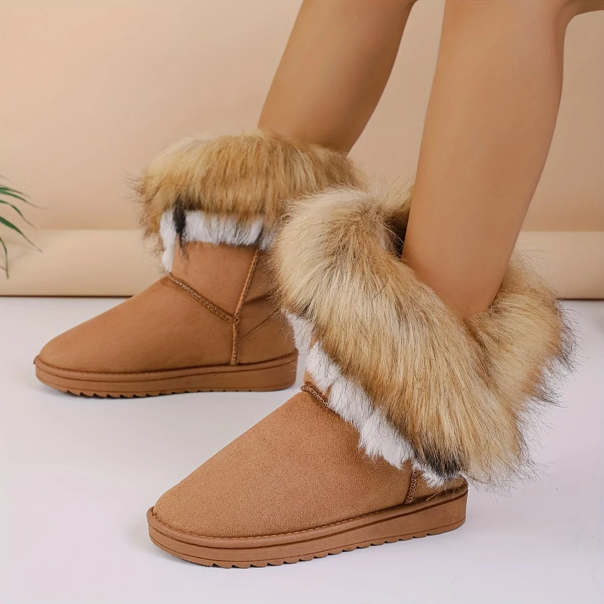 Faux Fur Mid-Calf Thermal Plush Lined Flat Outdoor Snow Boot Main image
