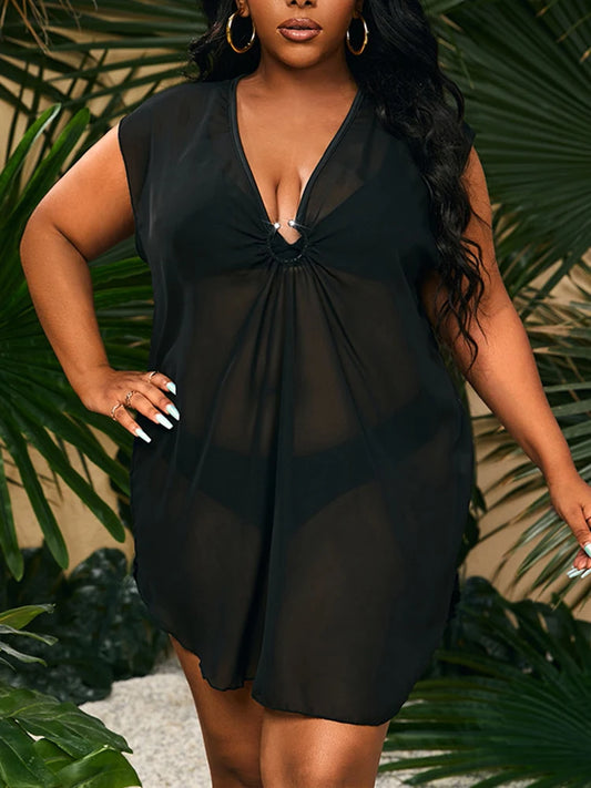 Solid Black Ring Linked Separate Cover Ups Plus Size Swimsuits