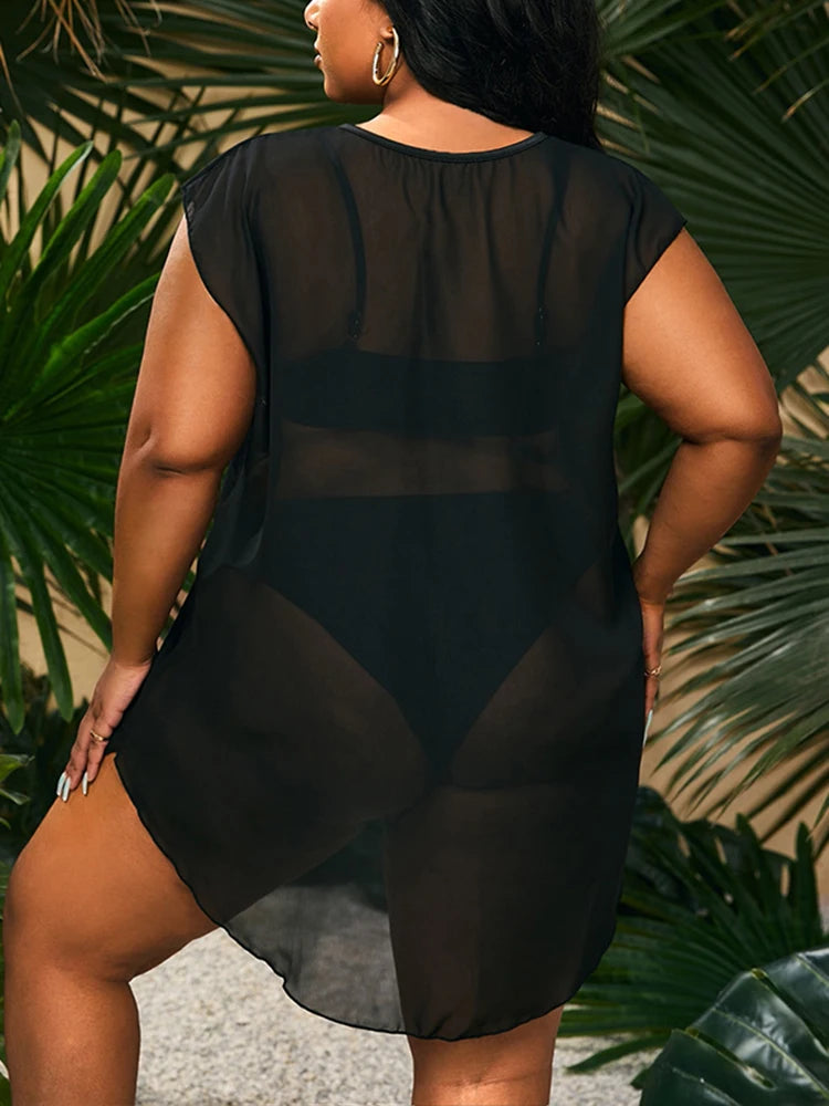 Solid Black Ring Linked Separate Cover Ups Plus Size Swimsuits