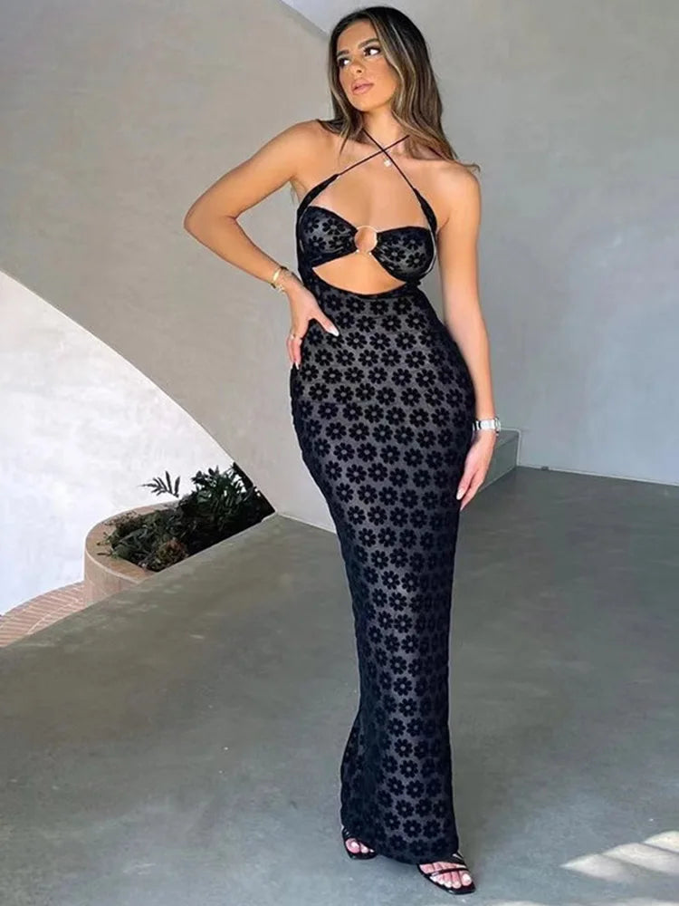 Solid Hanging Neck Maxi Hollow Perspective Bag Hips Trendy Midi Dresses Main image