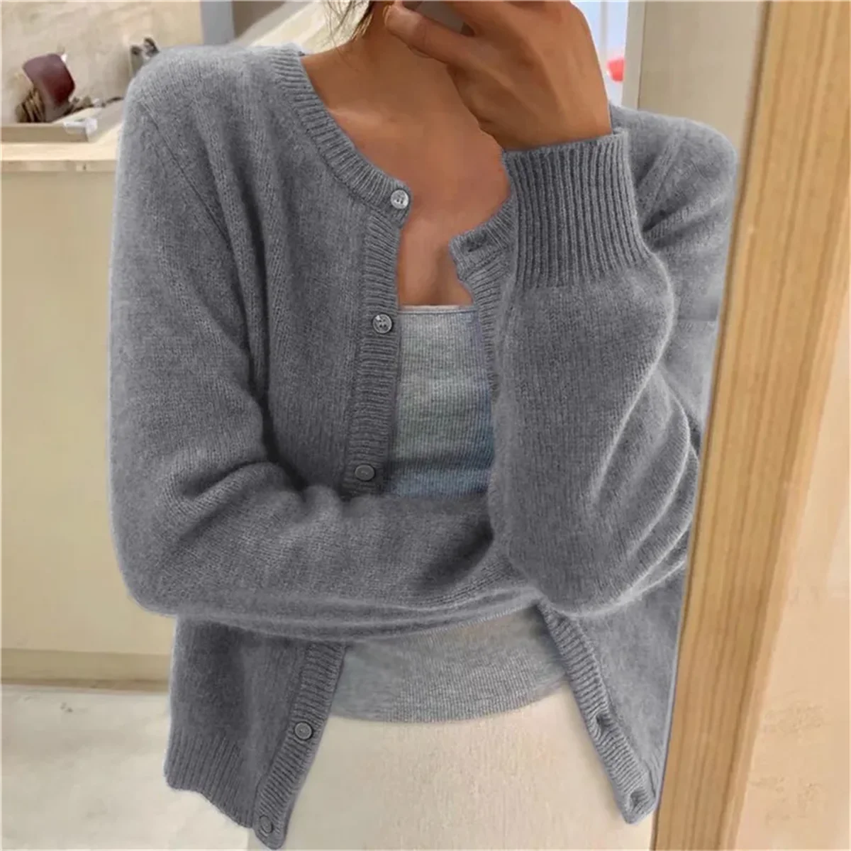 Solid Knit Single Breasted Long Sleeve Loose Autumn Spring Casual Elegant Cardigan Main image