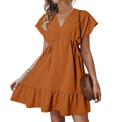 Solid Color Short Sleeve V Neck Drawstring Casual Ruffle A Line Swing Mini Summer New Dress